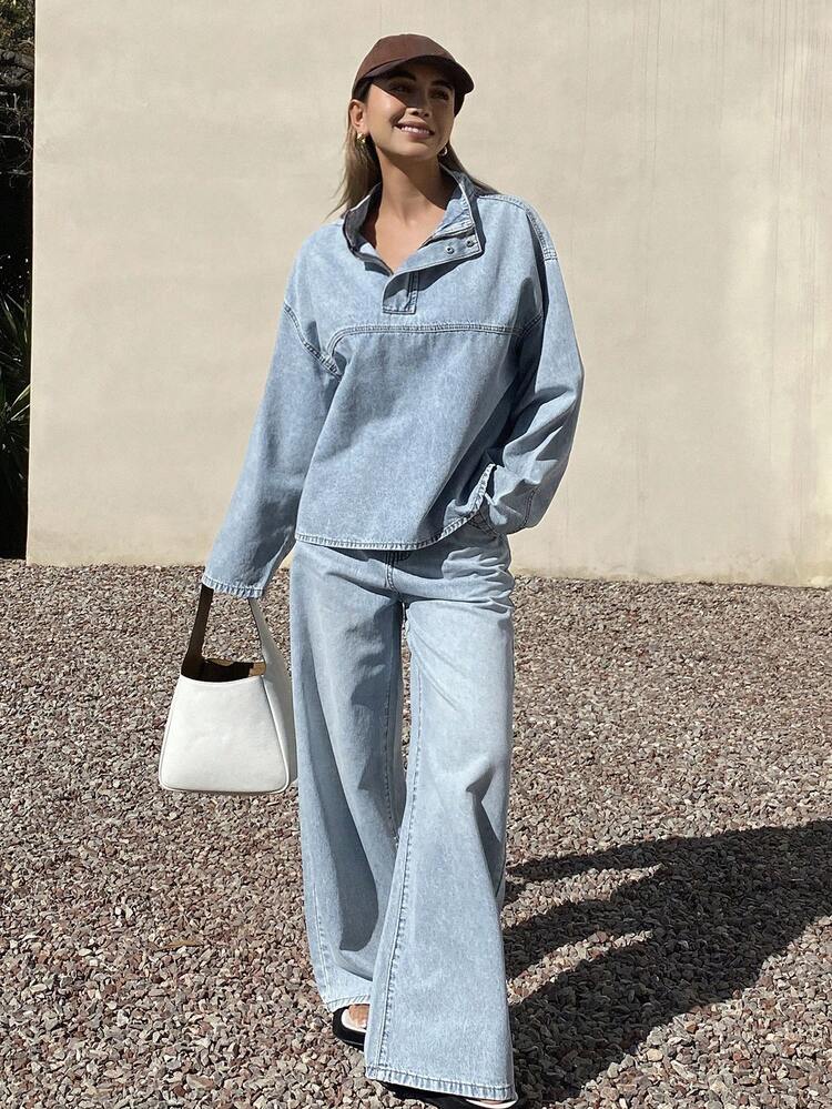 Women's Casual Denim Set: Loose Mandarin Collar Half-Zip Denim Top And Straight-Leg Denim Pants