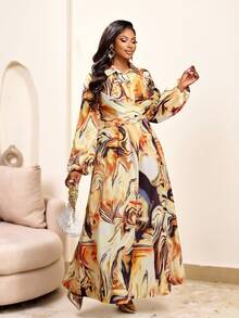 Brilight Váy dài chữ A thắt eo thanh lịch họa tiết kẻ sọc màu mơ dành cho nữ, đi làm, hẹn hò hàng ngày, dự tiệc - Màu be - Xem 1