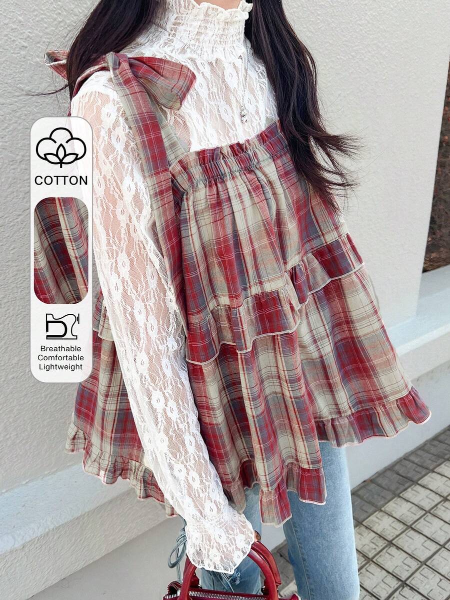 FRIFUL 女士格子棉质吊带背心，肩部系带蝴蝶结，A字下摆和荷叶边装饰，宽松休闲百搭背心 - 彩色 - 查看 1