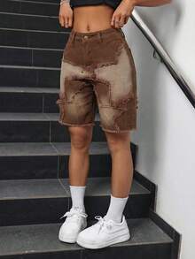 SHEIN PETITE 女士休闲街头水洗毛边牛仔短裤，夏季 - 咖啡棕 - 查看 5