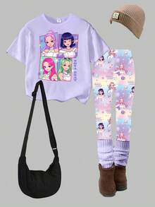 Spring, Summer & Autumn Young Girl Casual Fashion Creative Personalized Refreshing Minimalist Cool Virtual Girl Group Colorful Star Diamond Moon Gradient Typography Graphic Print Comfortable Basic Short T-Shirt And Leggings Set, Cozy Summer And Fall Styles Suitable For Spring, Summer, Autumn - Multicolor - View 4