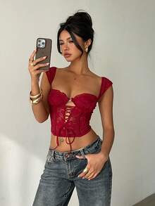 Aloruh 红色蕾丝上衣 红色网纱上衣 红色束身衣 红色上衣 女士性感可爱红色上衣 红色系带上衣 蕾丝上衣 红色露脐上衣 女士束身衣 女士上衣 女士夏季上衣 红色蕾丝束身衣 女士性感上衣 - 紅色 - 查看 9