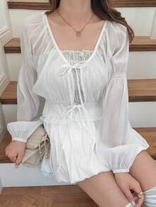 FRIFUL 2pcs Women's Spaghetti Strap Camisole Set, Ruffled Hem Elastic Camisole Top With Tie Waist, Lantern Sleeve Loose Cover Up, Sweet Summer Vacation Outfit From Spring To Summer - White - View 2