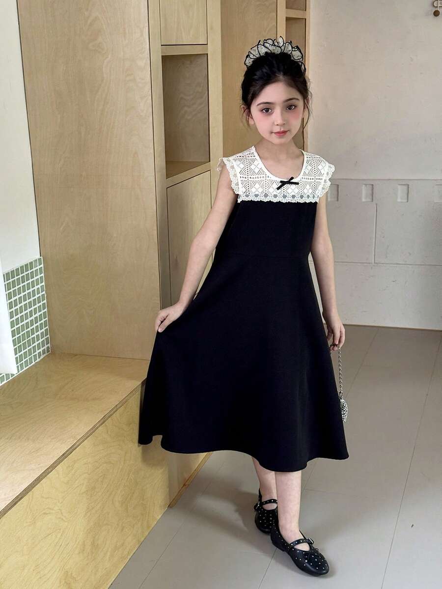 DAZY Tween Girl Summer Contrast Lace Sleeveless Party Dress - Black - View 1