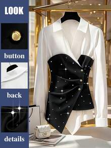 Elenzga Blouse ornée à ourlet asymétrique grande taille, blouse élégante et élégante à la mode pour femmes, blouse noire et blanche pour femmes, dîner pour femmes, soirée casino pour femmes - Noir et Blanc - Voir 1