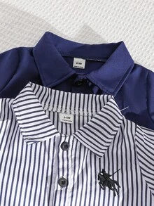 男婴夏季休闲假日日常通勤刺绣条纹印花短袖衬衫和短裤套装（2件套） - 彩色 - 查看 8