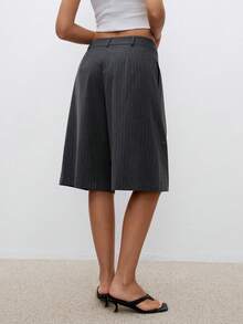 ATUI Studio 女士休闲通勤褶皱条纹短裤，夏季 - 灰色 - 查看 2