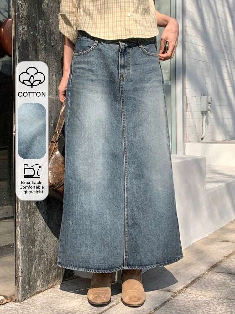 Vintage Denim Skirt, A-Line Long Skirt, Slit Design, Slimming, Women Denim Skirt
