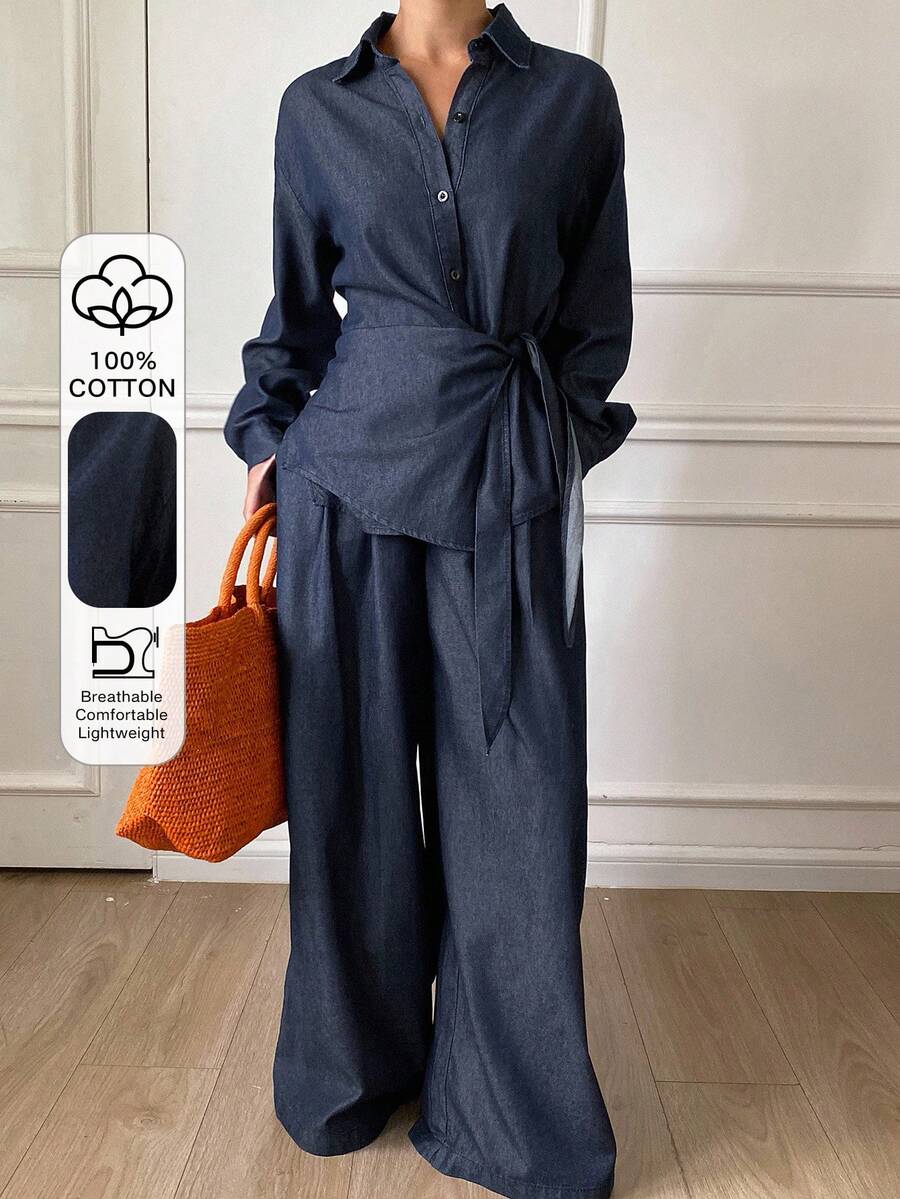 Dazy Tall 女士高个侧系带宽松牛仔衬衫搭配直筒牛仔裤休闲套装 - 深色水洗藍 - 查看 1