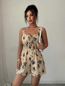 Breezaya Bộ jumpsuit nữ màu kaki họa tiết sóng, chất liệu vải in hoa, cạp chun, kiểu dáng ôm sát, phong cách thường ngày, thích hợp cho kỳ nghỉ lễ Phục Sinh, Ngày động, đi biển, làm trang phục giáo viên, du lịch, mùa xuân/hè. - Màu Khaki - Xem 5