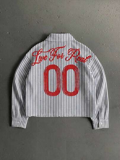 Manfinity ZONE917 Chemise décontractée à manches longues avec imprimé graphique 00, coupe ample et décontractée, rayures grises, bleues et blanches, cadeau pour le petit ami