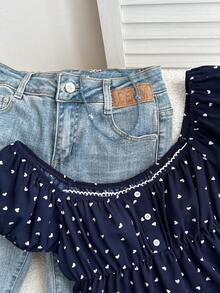 SHEIN 少女海军蓝爱心波点蕾丝边真开襟纽扣衬衫，可爱甜美，适合休闲、日常、上学、街头穿着 - 藍色 - 查看 3