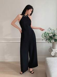 DAZY 女士优雅无袖撞色蕾丝吊带连体裤，搭配阔腿裤，适合春秋季穿着 - 黑色 - 查看 4