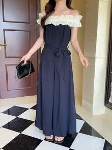 DAZY Bộ jumpsuit nữ thanh lịch với thiết kế phối màu, viền xếp ly, kiểu trễ vai, ống rộng, thích hợp cho kỳ nghỉ, mùa xuân/hè. - màu đen - Xem 8