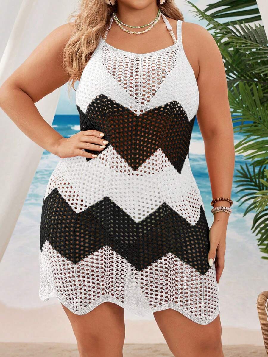 Swim Vcay Đầm dệt kim khoét lỗ phối màu tương phản dành cho nữ cỡ lớn, thích hợp cho kỳ nghỉ hè.
