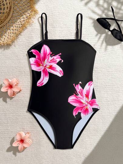 SHEIN Tween Girl Floral Print One-Piece Swimsuit, Suitable For Summer Teen Black With Pink Floral Swimsuit Girls Cute One Piece Swimsuit Girl Flower Print One Piece Swimsuit Girls Black Floral Swimsuit Black Floral Swimsuit Girls Girl One Piece Swimsuit Black Swimsuit Kids One Piece Beachwear Tween One Piece Flower Print Swimsuit Kids Swimsuit 10 Year Old Girl Swimsuit Kids One Piece Swimsuit