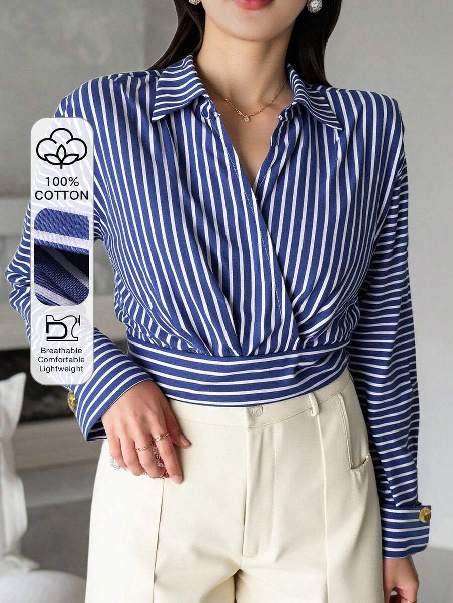 DAZY Women's Elegant Striped Collared Shirt, Autumn - Blue - View 1