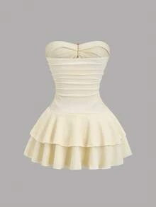 Sweetra Women's Elegant Strapless Tiered Cake Mini Dress - Apricot - View 2