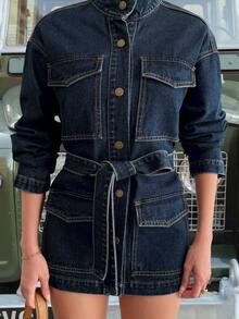 Livesso Women's Cinched Waist High Collar Casual Denim Jacket, Winter - Medium Wash - View 8