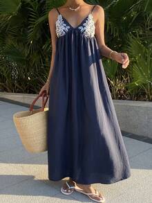 Livesso Vestido sin mangas con parches y bordados para mujeres, adecuado para vacaciones de verano, atuendo de crucero para mujeres, vestido de verano - Azul Marino - Ver 1