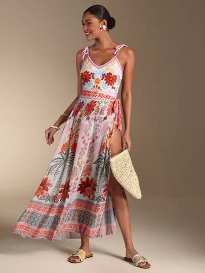 Swim Oasis 26SS Spring/Summer Vacation Beach Palm Tree & Floral Placement Print One-Piece Swimsuit With Matching Skirt New Women's Swimwear ArrivalFor School,Suitable For Holiday, Date, Afternoon Tea, Western, Cruise, Beach, Island, Road Trip, All Seasons, Music Festival, Boho Vacation,Bohemian Vacation, Chill Autumn ,Western Boho ,Elegant Tops For Women