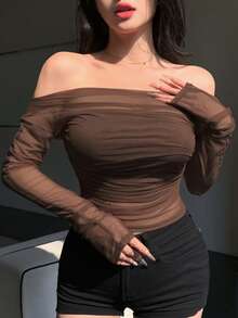 DAZY Blusa transparente de malla elástica de un solo hombro para mujer, primavera/verano - Óxido marrón - Ver 7