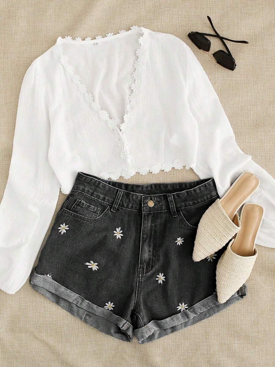 Breezaya Quần short denim nữ dáng rộng, thêu hoa cúc, có túi, kiểu dáng thường ngày. - Xám - Xem 1