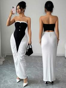 Elenzga Spring/Summer New Backless Tube Pearl Button Design Splicing Contrast Color Pleated Waist Bodycon Casual Sexy Elegant Lady Dress - Black and White - View 2