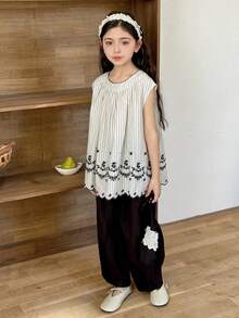 DAZY 2pcs/Set Tween Girls Embroidered Top & Casual Pants Outfit, Fashionable Suit - Multicolor - View 3