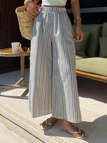 DAZY 女士优雅休闲撞色条纹弹力腰七分裤，卷边裤脚，适合春秋季穿着 - 藍色 - 查看 3