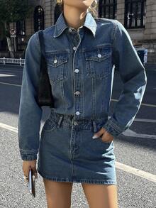 DAZY Polo领长袖连衣裙、高腰牛仔裙、Design Sense修身半身裙、女士牛仔连衣裙 - 中等水洗藍 - 查看 4