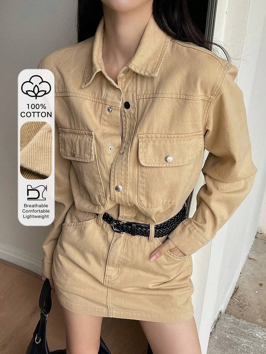 DAZY Women's Collared Half-Zip Waist Decor Short Casual Denim Dress - Khaki - View 1
