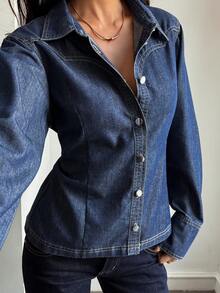 DAZY Women's Collared Cinched Waist Fitted Casual Denim Jacket