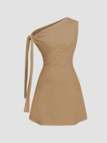 Women's Asymmetric Tie-Up Waist Short Dress - Khaki - View 7
