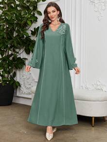 Al Najma 女式传统宴会 V 领纯色袖口 3D 花朵宽松阿拉伯连衣裙，阿拉伯连衣裙，端庄