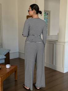 Dazy Plus Plus Size Women's Black & White Striped Print Scoop Neck Long Sleeve Top And Pants Pajama Set, Spring/Autumn - Black and White - View 2