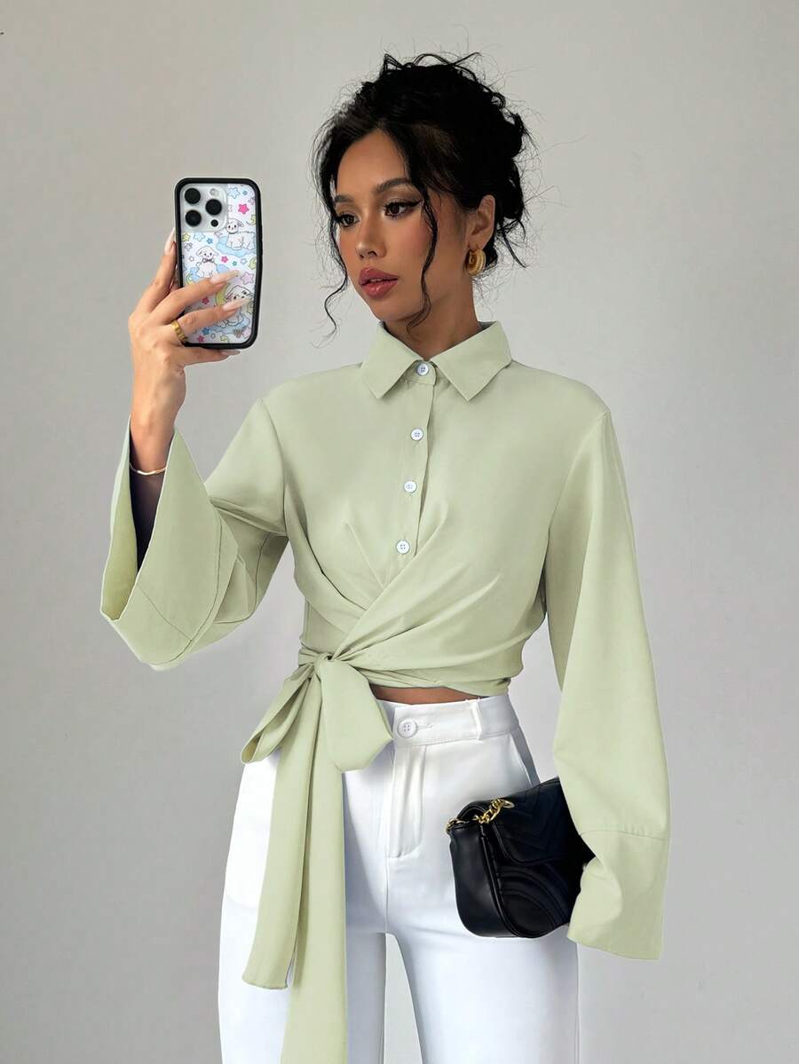 Selianne Women's Solid Color Turndown Collar Single-Breasted Twist Design Fashionable Versatile Daily Long Sleeve Shirt - Mint Green - View 1