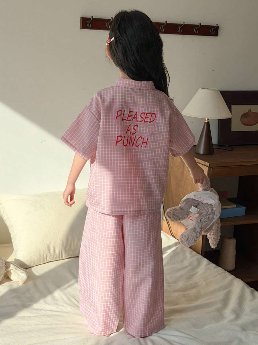 DAZY Young Girl Comfortable Plaid & Letter Print Short Sleeve Shirt And Pants Pajama Set, Summer - Pink - View 1