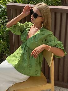 DAZY Women's V-Neck Ruffle Trim Casual Vacation Blouse With Cinched Waist, Spring/Summer - Green - View 7