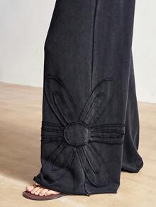 Bohemela Pantalones anchos de mujer de punto de unicolor casual con aplicación floral - Negro - Ver 6