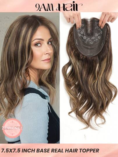 ZERO-NET 16" Hair Toppers For Women Real Human Hair Toppers For Women With Thinning Hair 7.5x7.5inch Large Base Real Human Hair Topper For Daily Wear Highlights Hair Extensions Clip In