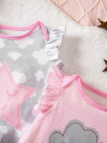 SHEIN Newborn Baby Girl Cute Summer Knitted Cartoon Pattern Plaid & Striped Short Sleeve Romper, Multi-Color - Multicolor - View 9