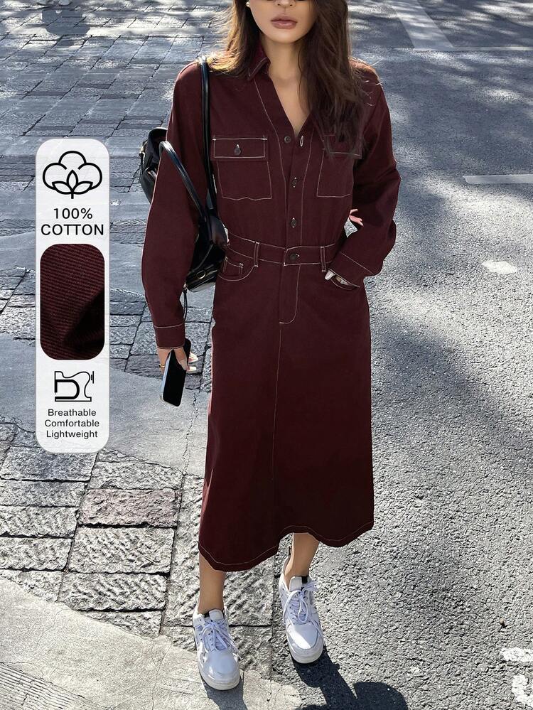 Women's Collared Waist Pocket Decor Casual Denim Dress