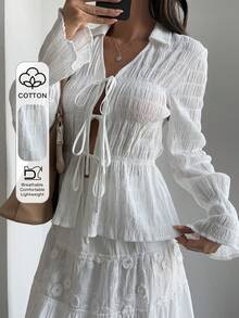 Livesso Áo khoác cardigan trắng mùa xuân/hè, phong cách thường ngày đi nghỉ mát, áo sơ mi chiffon thiết kế buộc dây phía trước, áo kiểu tay dài xếp ly có họa tiết dành cho nữ. - trắng - Xem 1