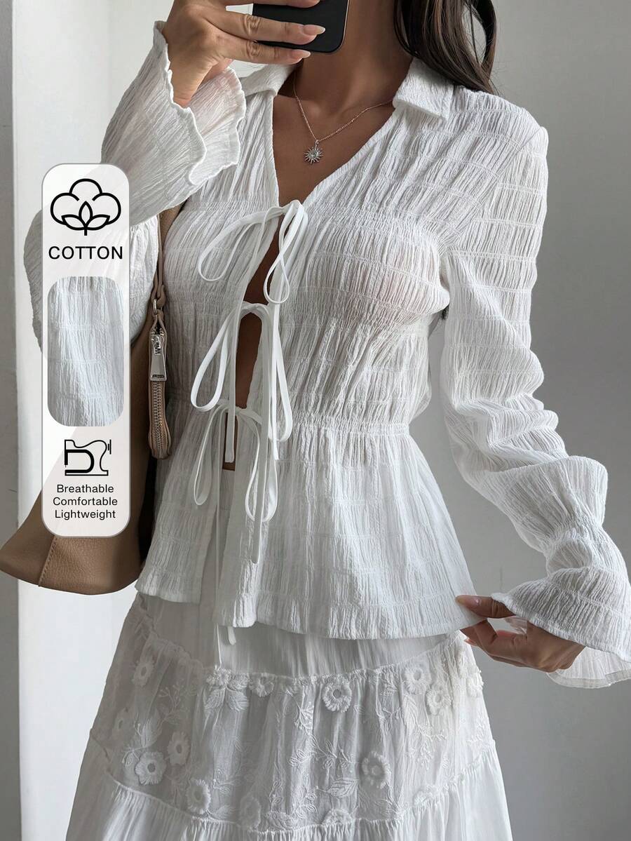 Livesso Áo khoác cardigan trắng mùa xuân/hè, phong cách thường ngày đi nghỉ mát, áo sơ mi chiffon thiết kế buộc dây phía trước, áo kiểu tay dài xếp ly có họa tiết dành cho nữ. - trắng - Xem 1