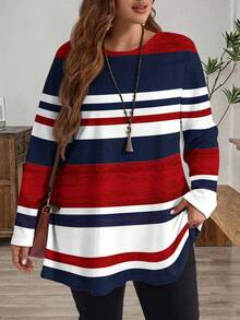 EMERY ROSE Casual Minimalist Colorblock Striped Round Neck Plus Size T-Shirt, Autumn/Winter Patriotic Women Red White And Blue Women Nautical For Women Red White And Blue Top Striped Long Sleeve T-Shirt - Multicolor - View 5