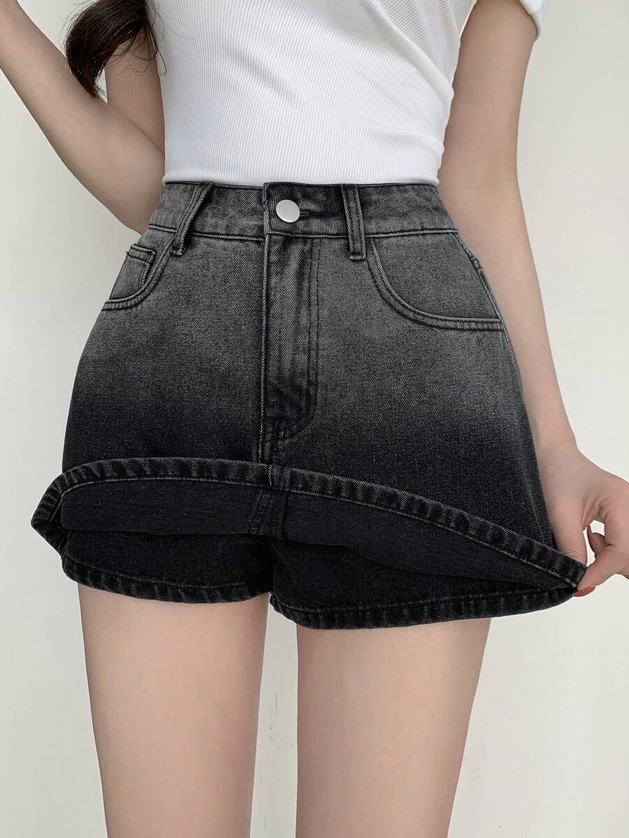 Women's Ombre Slant Pocket Casual Versatile Denim Skirt Pants - Black - View 1