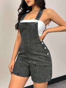 Rivivi Women's Summer Casual Everyday Commute Patchwork Pocket Denim Romper - Grey - View 5