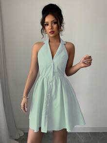 Elenzga Đầm ngắn nữ kẻ sọc cổ yếm cài một hàng cúc, kiểu dáng thời trang, thanh lịch, thích hợp cho hẹn hò và dự tiệc. - màu xanh lá - Xem 5