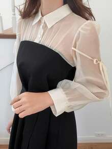 FRIFUL 女士混纺面料网纱雪纺A字连衣裙，泡泡袖，蝴蝶结腰带，夏季休闲派对连衣裙，情人节派对 - 黑色 - 查看 3